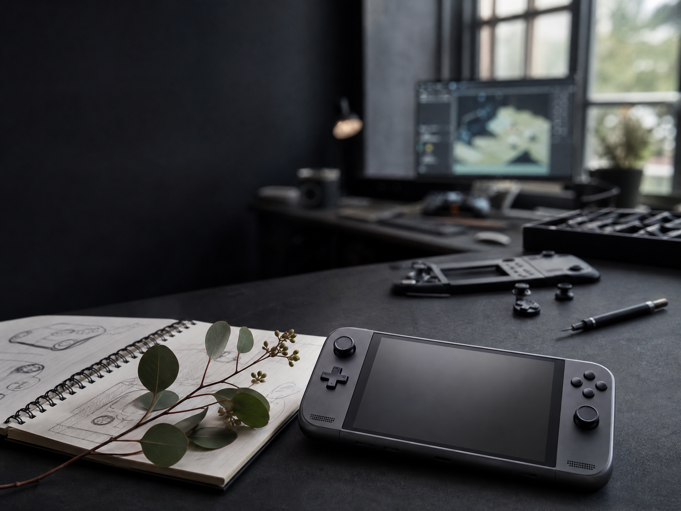 Handheld game device on a studio desk
