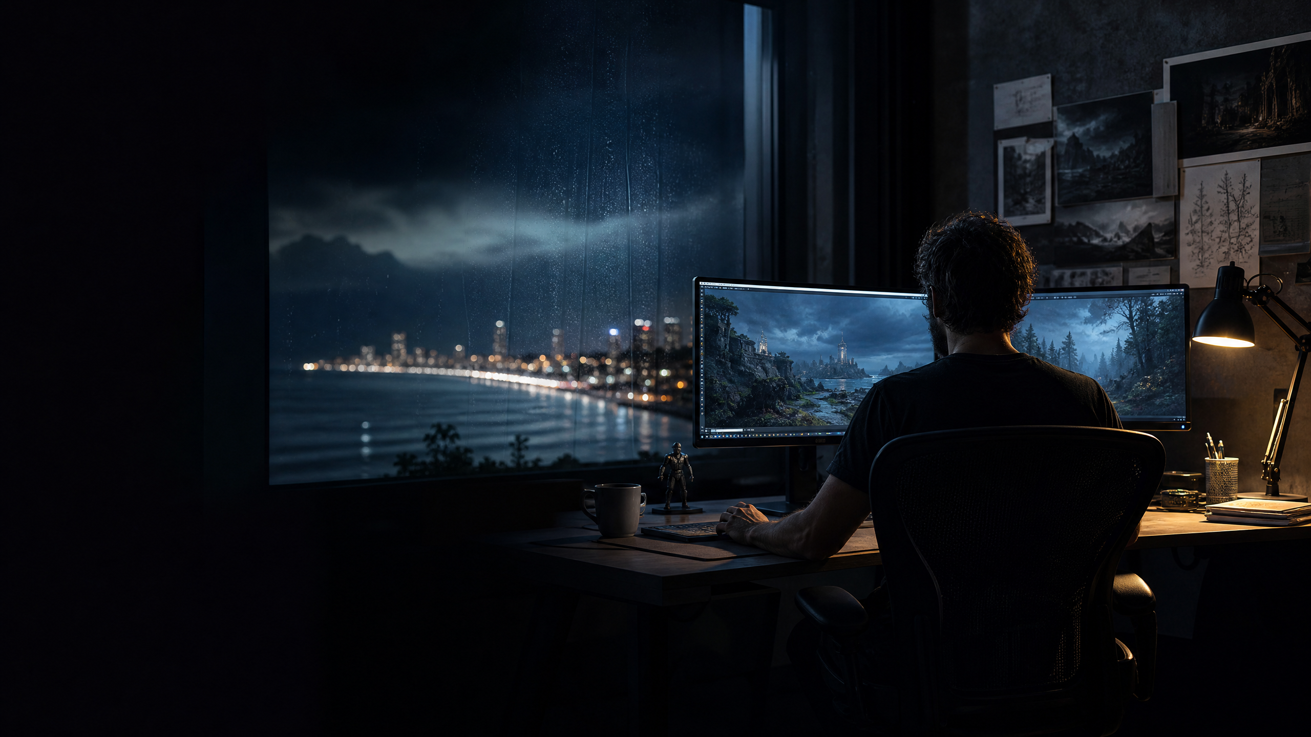 Game developer working in a night studio